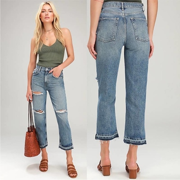 Free People Denim - Free People Lita Light Wash Distressed High-Waisted Slim Leg Jeans Sz 30